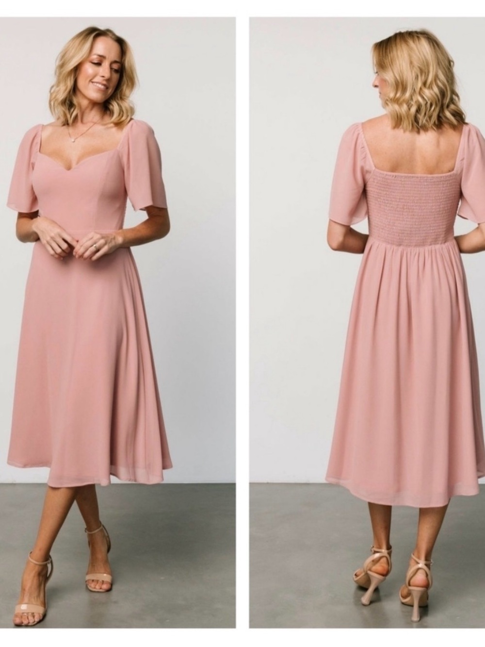 Baltic Born Colette Blush Pink Midi Dress with Sweetheart Neckline